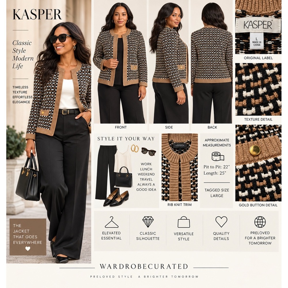 Kasper Womens Large Tweed Knit Cardigan Jacket Black Camel Gold Button Jacket
